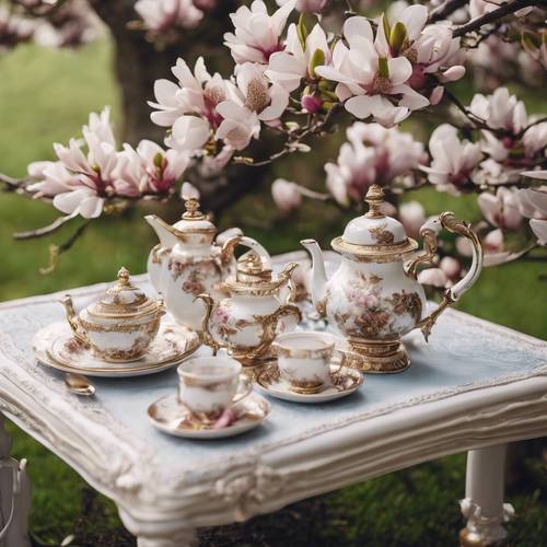 An ornate Victorian tea set arranged outdoors under a blooming magnolia tree.