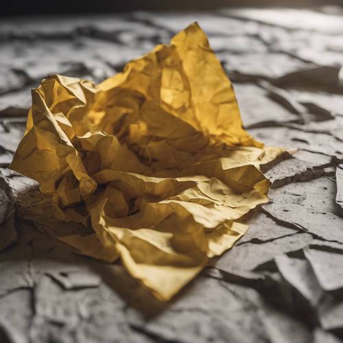 A single piece of crumpled yellow paper forgotten in a vast, empty, concrete room.