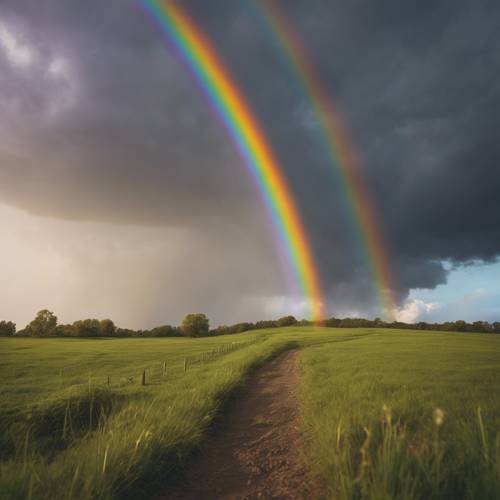 A vibrant rainbow arching across the sky overshadowing a moist plain after a rain