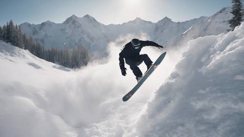 A snowboarder escaping the avalanche in a secluded mountain, swinging off a ledge with his flexible board.