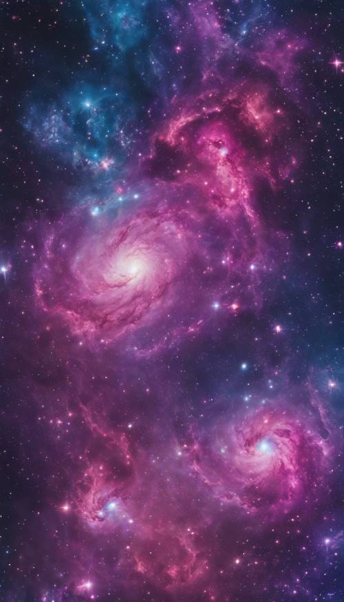 Uma galáxia recém-formada com uma mistura deslumbrante de cores – roxos, azuis e rosas – indicando várias composições de gases.
