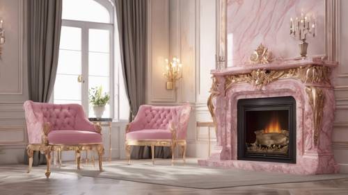 Un caminetto in marmo rosa decorato in un lussuoso soggiorno.