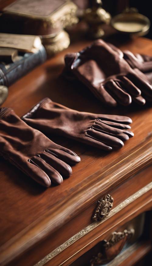 Para brązowych jedwabnych rękawiczek, zabytkowych i wyrafinowanych, leżąca na mahoniowej komodzie.