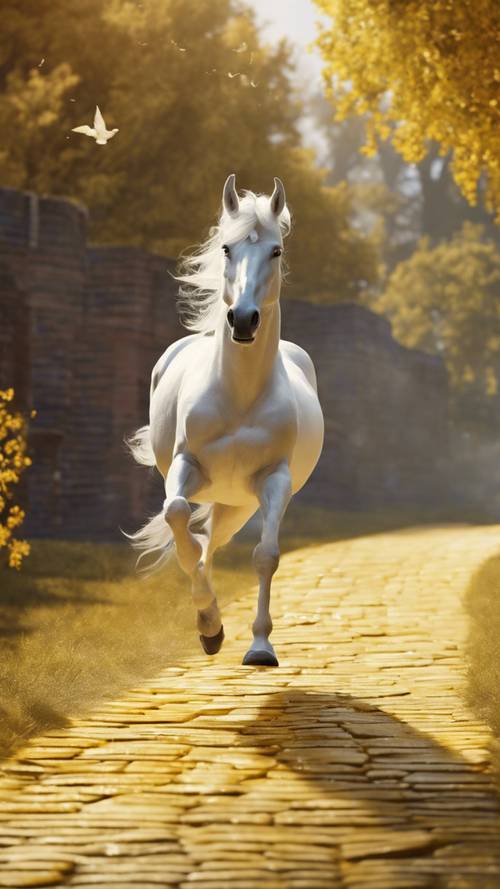 A fantasy scene depicting a white unicorn galloping across a yellow brick road.