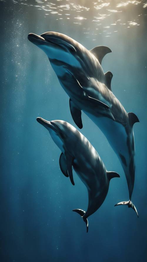 Um balé subaquático realizado por golfinhos dançando ao redor de um navio naufragado no mar azul profundo.