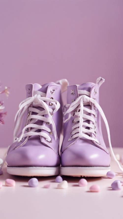 Un par de lindos zapatos de inspiración kawaii de color púrpura pastel sobre un fondo blanco.