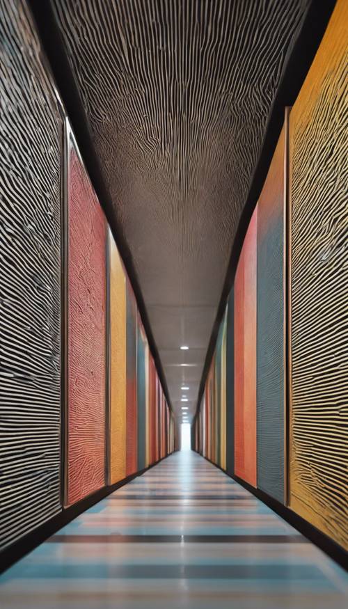 An infinite corridor lined with walls that have a modern, geometric stripe pattern. Тапет [52b18a0ce4a9440fa914]