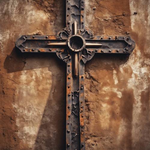 Metalowy krzyż, zardzewiały i zniszczony przez czas, na tle brudnej ściany.