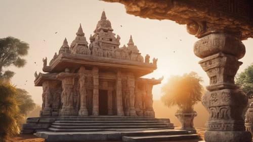 An ancient, stone-carved temple illuminated by the soft light of a setting sun and waxing moon. Tapeta [7d43a8be85384a31a22c]