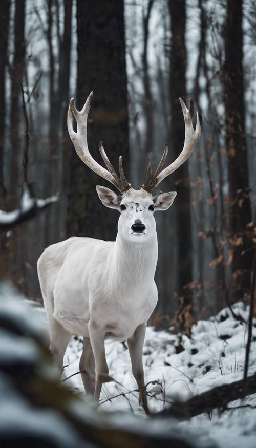 Um gamo branco em pé majestosamente contra uma floresta escura e densa de inverno.