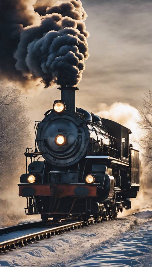 An oil painting of an early morning steam locomotive, its black, heavy smoke billowing in the frosty air. Tapet [338a9f8d5b6245bdb73e]
