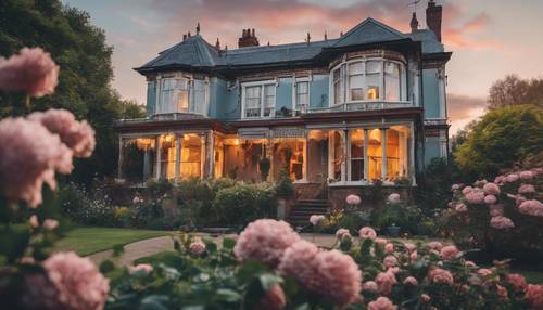 A classic Victorian house at sunset, surrounded by a blooming English garden