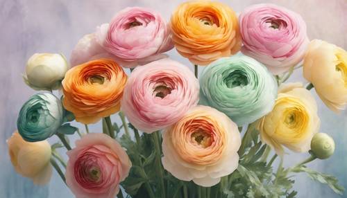 파스텔 색상의 라넌큘러스 꽃 다발을 그린 수채화입니다.