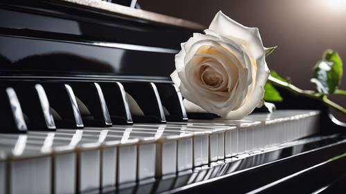 Une rose blanche juxtaposée à un piano à queue noir, créant une scène monochromatique classique.