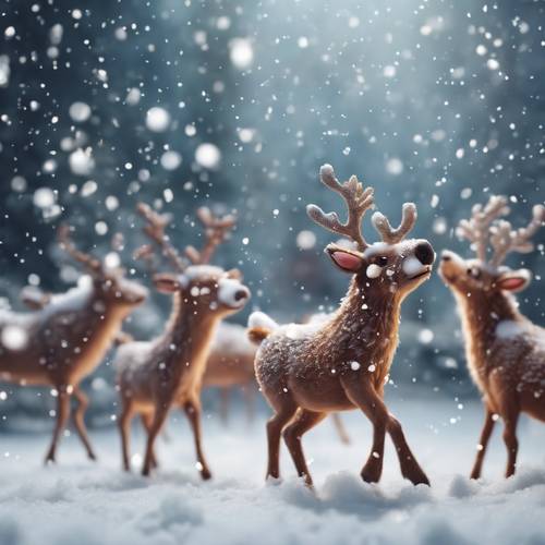 Charming Christmas wallpaper showcasing cute anime reindeers prancing amidst heavy snowfall.