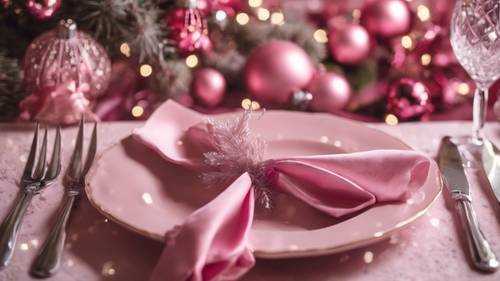 Set meja makan Natal bertema merah muda dengan ornamen halus.