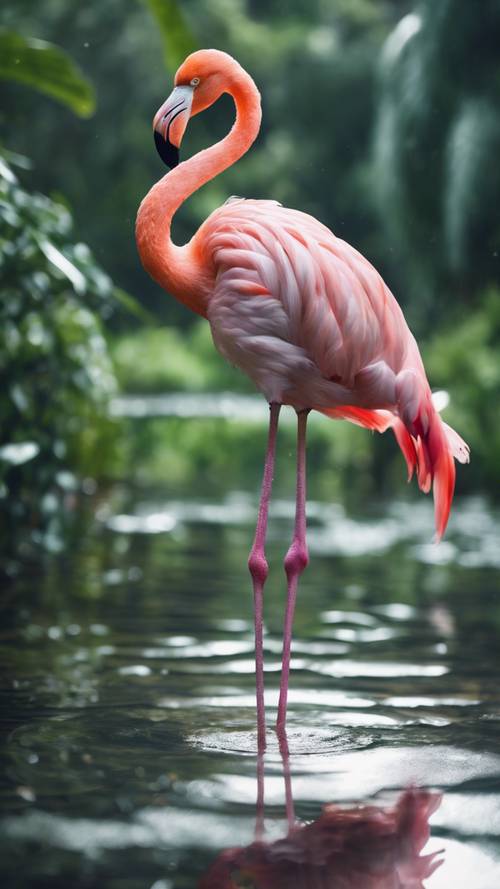 Ein rosa Flamingo steht in einem kristallklaren Teich, umgeben von üppigem Grün.