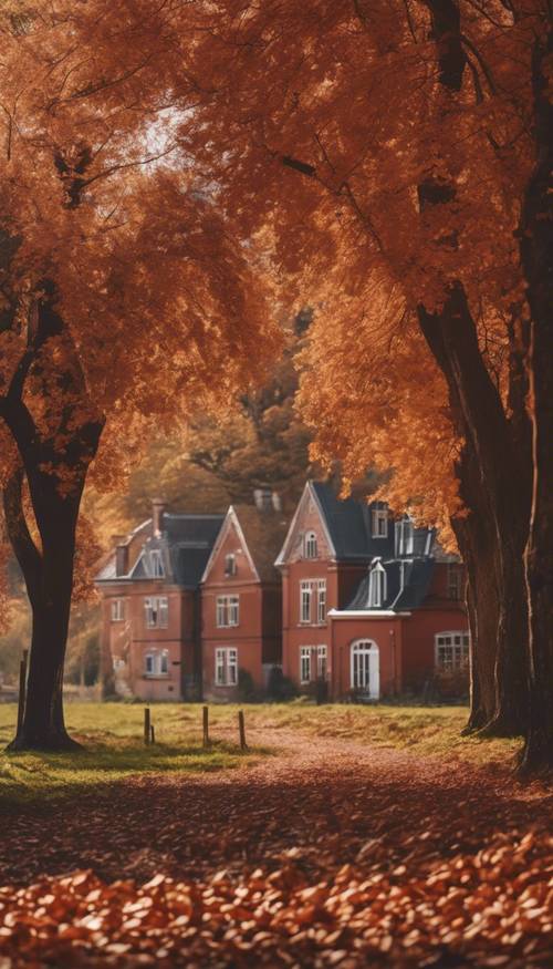 Uma paisagem campestre no outono, com casas de tijolos vermelhos e folhas marrons caindo das árvores.