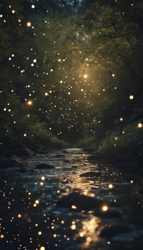 Um riacho estrelado atravessando uma floresta escura iluminada por vaga-lumes.