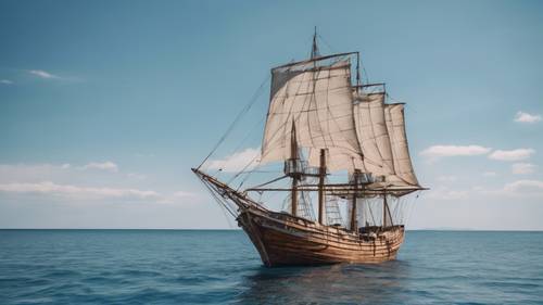An old wooden ship sailing on calm seas beneath a cloudless blue sky.
