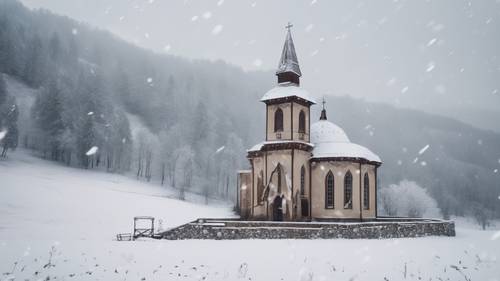 An old church nestled in a snow-covered valley, shrouded in the calm of a silent snowfall.