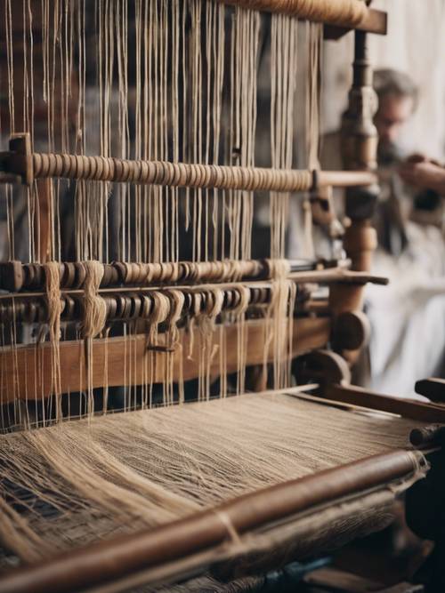 An antique tapestry workshop with artisan weaving multicolored linen threads on an old loom.