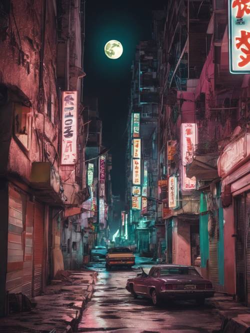 Uma cidade deserta de néon brilhando sob a lua cheia.