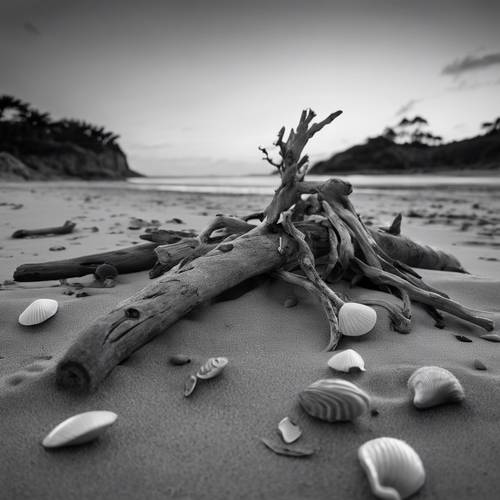 Una vista en blanco y negro de una playa adornada con madera flotante y conchas marinas dispersas, mientras cae el crepúsculo.