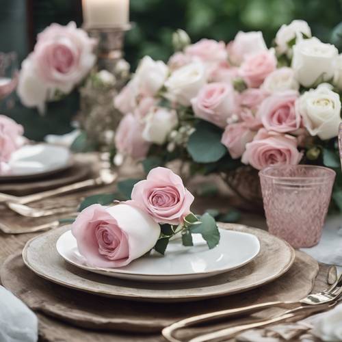A rustic table setting with floral centerpieces consisting of pink and white roses.