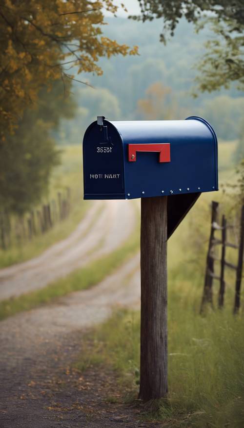 Ein dunkelblau lackierter Vintage-Briefkasten an einer ruhigen Landstraße