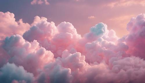 Fluffy cotton candy clouds painted in pastel hues, set against the wistful tones of an evening sky.