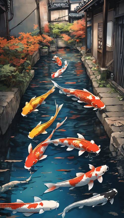 Uma vibrante ilustração de grafite de peixes Koi nadando em uma parede de beco escuro em Kyoto