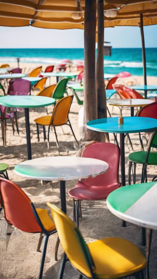 Kawiarnia przy plaży z kolorowymi krzesłami, parasolami i panoramicznym widokiem na ocean.