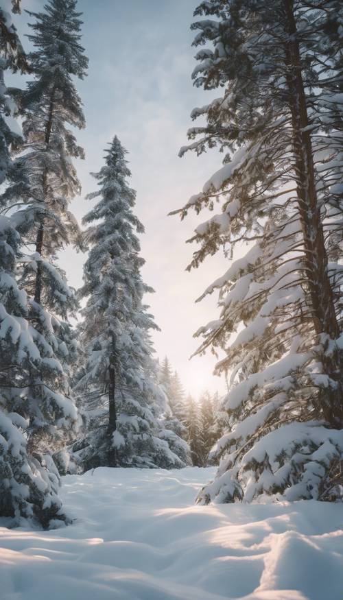 兩棵白雪覆蓋的冷杉樹高高地矗立在明亮的冬日天空下。