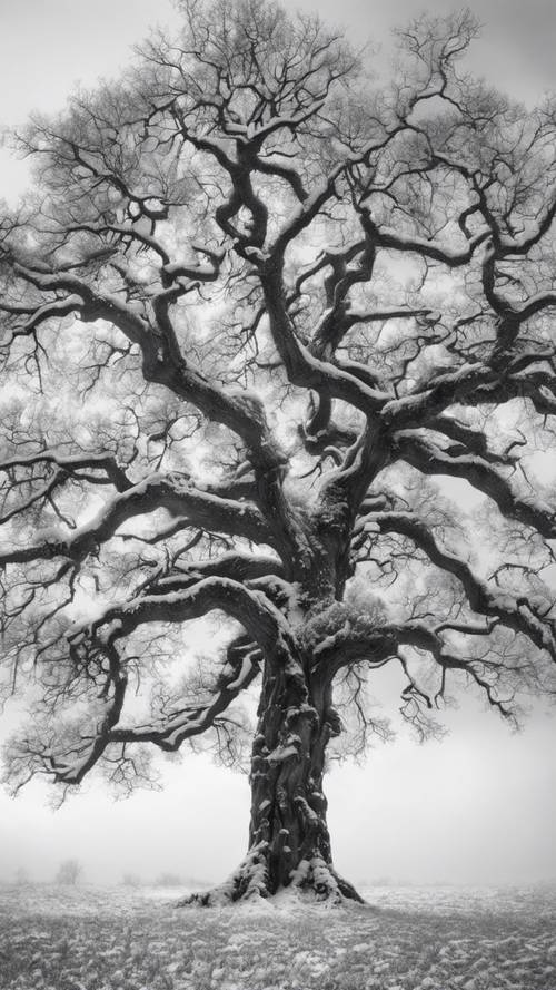 شجرة بلوط قديمة كبيرة تقف بمفردها في منظر طبيعي ثلجي، كل شيء معروض باللونين الأبيض والأسود.