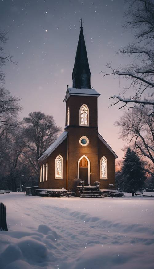 Una tranquila iglesia rural en una noche invernal, con sus vitrales brillando con una luz cálida y la congregación en el interior cantando Noche de Paz, mientras una capa de nieve prístina cubre el cementerio circundante.