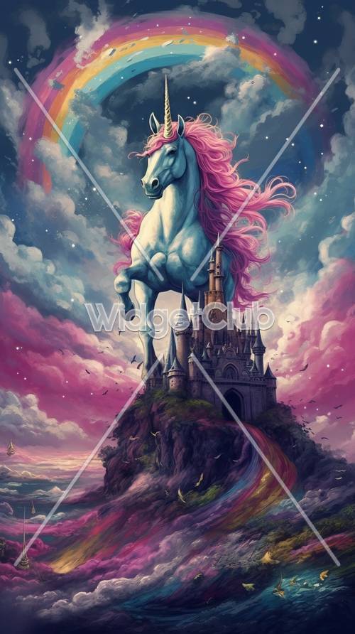 Unicorno magico e castello tra le nuvole