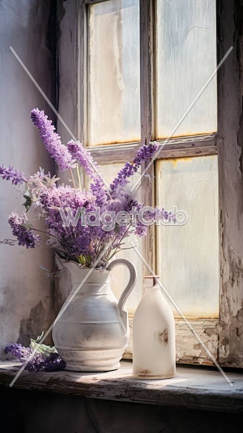 Hermosas flores de lavanda junto a una ventana rústica