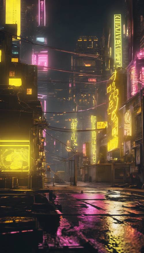Un paysage urbain de style cyberpunk avec des lumières jaune fluo se diffusant à travers la scène.