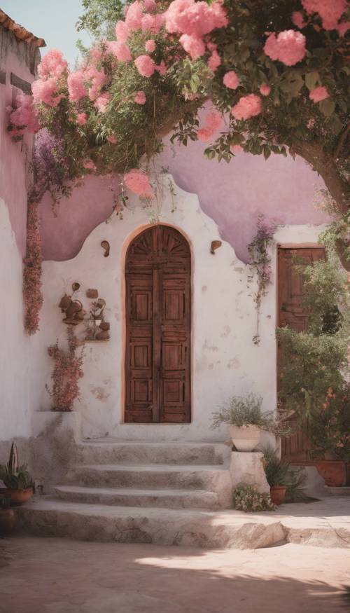 一座质朴的墨西哥房屋，墙壁粉刷成白色，装饰着美丽的淡紫色和桃红色花卉壁画。