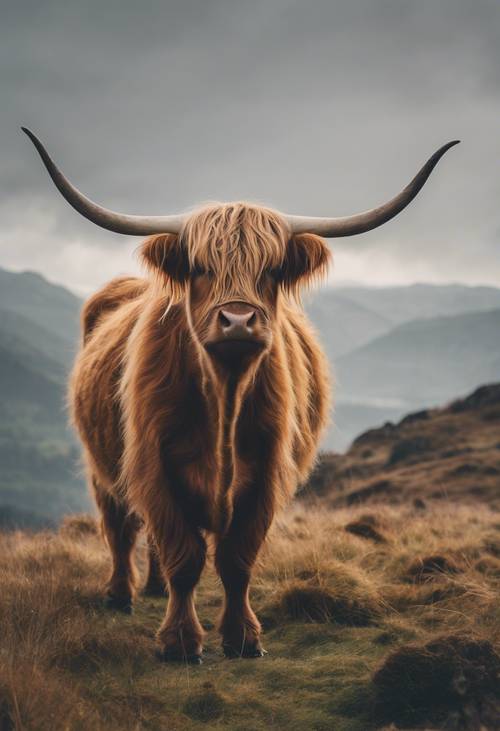 A highland cow with shaggy fur standing in the Scottish countryside, misty mountains in the background.