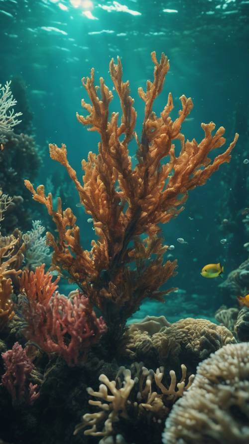 Podwodna sceneria przedstawiająca hipnotyzujący las turkusowych wodorostów i raf koralowych.