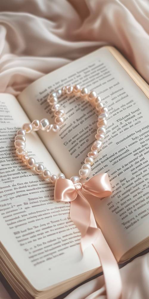 Kalung Mutiara pada Buku Terbuka Cinta Berbentuk Hati