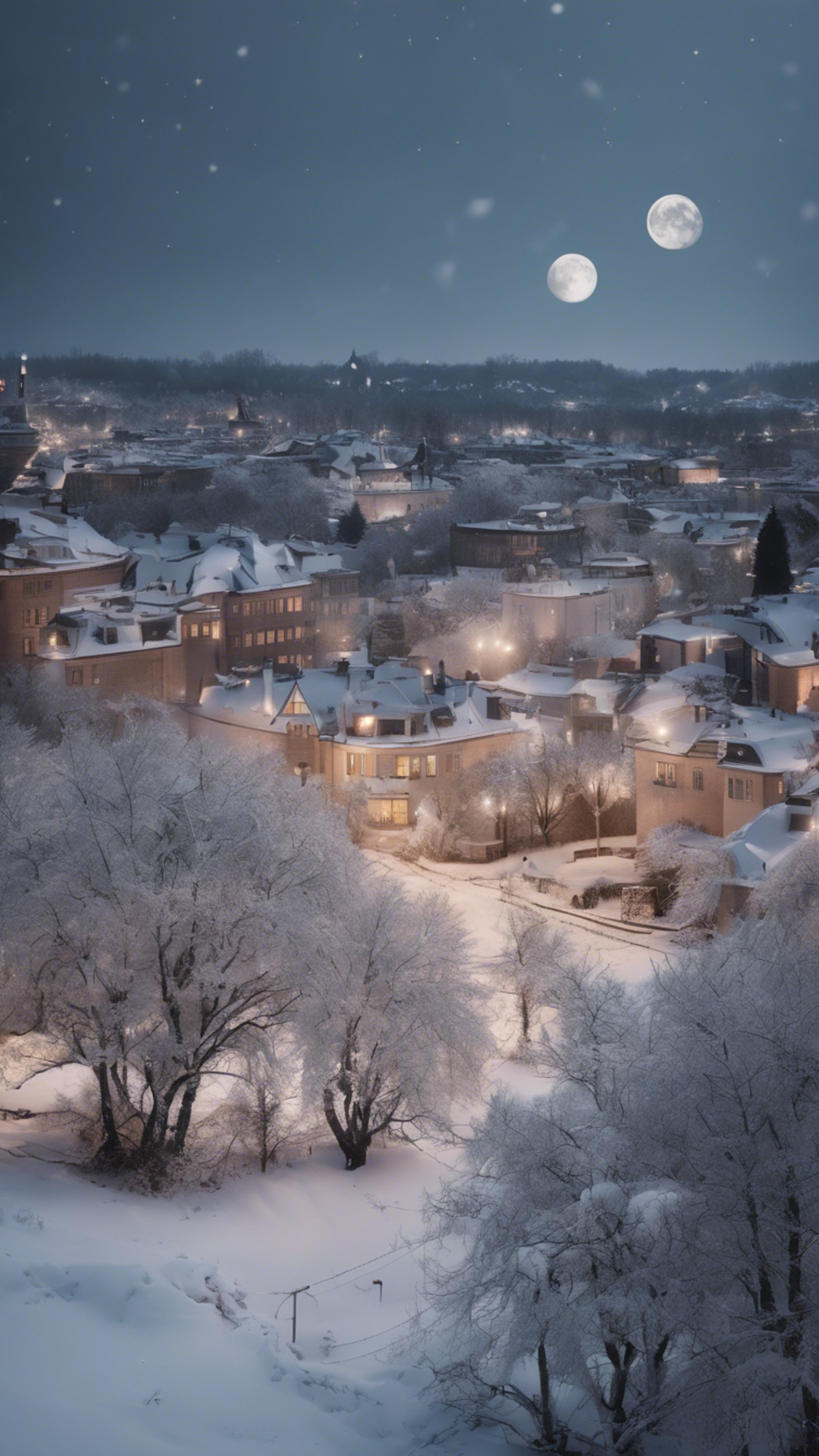 A snowy winter scene, the rooftops and trees covered by cool white snow, the moon casts a silvery glow on the serene town. Тапет[b59119720f8642b39e1c]