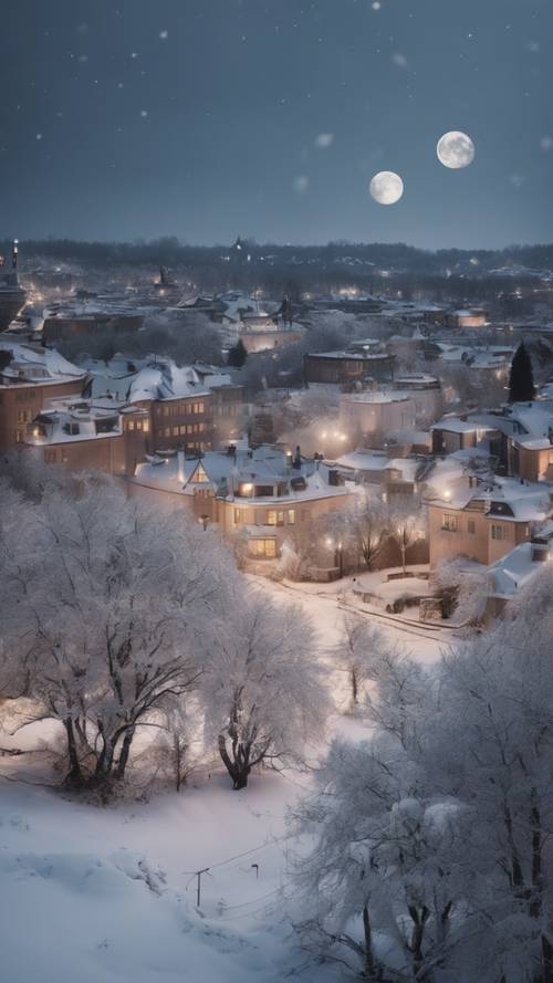 Śnieżna zimowa scena, dachy i drzewa pokryte chłodnym białym śniegiem, księżyc rzuca srebrzysty blask na spokojne miasto.