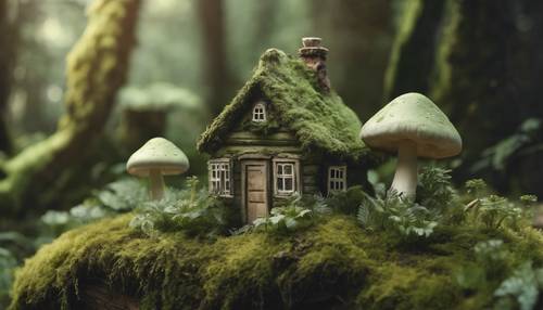 Una scena stravagante con funghi verde salvia accanto a un cottage fiabesco coperto di muschio