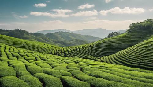 سجاد مزارع الشاي على التلال المتموجة تحت سماء النهار الصافية.