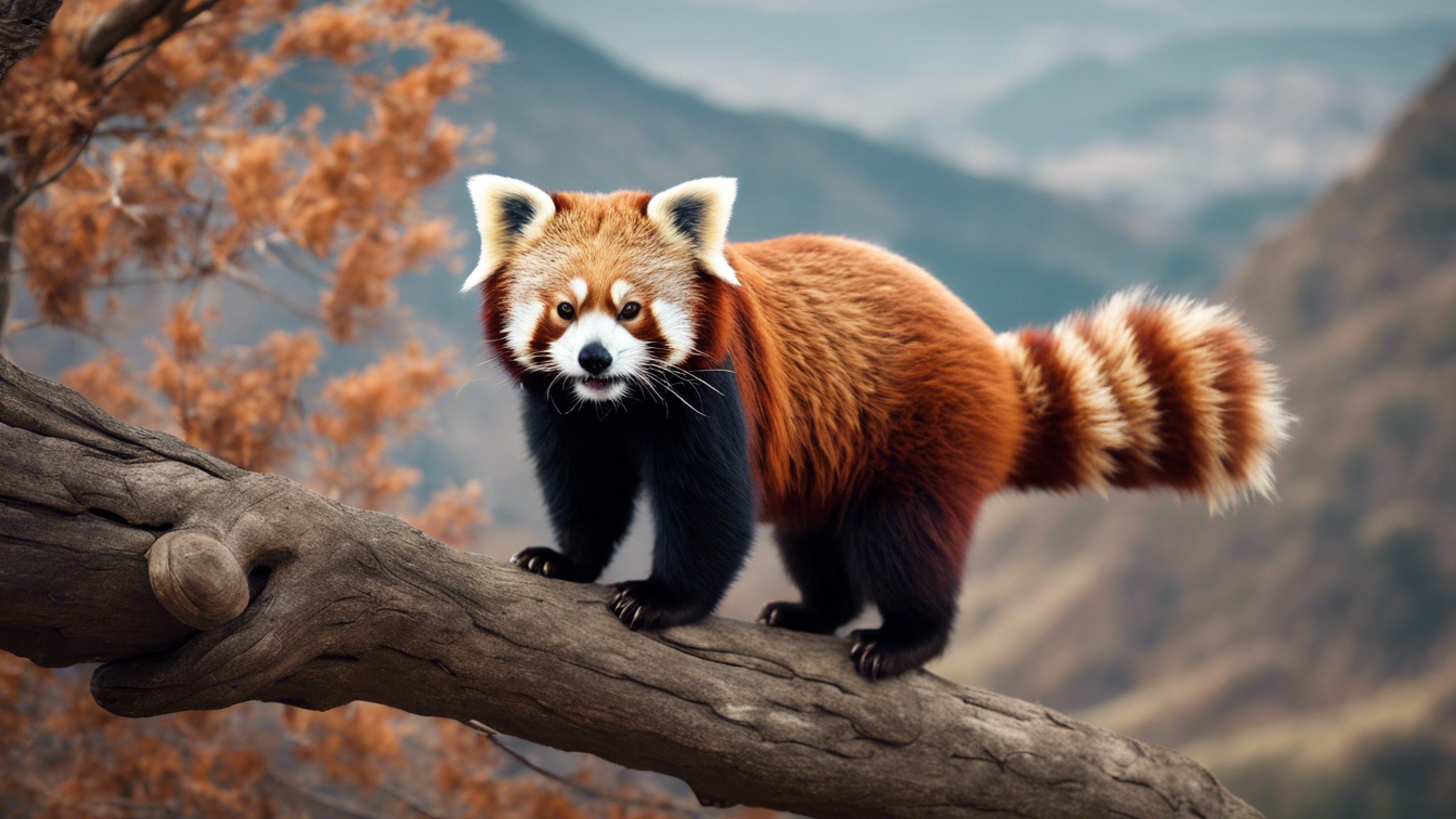 A strong, adult red panda confidently standing on a branch, mountains in the backdrop. 墙纸[4b97538c6e5a45e29bab]