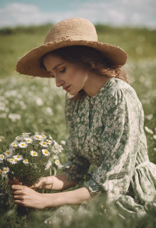Seorang wanita dengan gaun vintage memetik bunga aster hijau bijak dari padang rumput pada hari yang cerah.