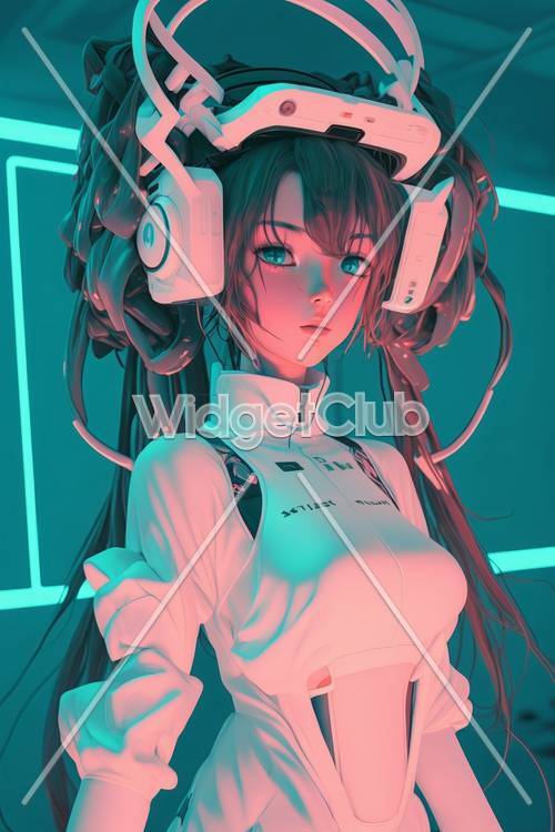 Cyber Girl with Headphones in Blue Neon Light